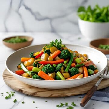 Vibrant mixed vegetable stir-fry with broccoli, carrots, and peppers on a white plate.